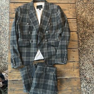 BANANA REPUBLIC Cadet Grey Check Wool Flannel Double Breasted Blazer